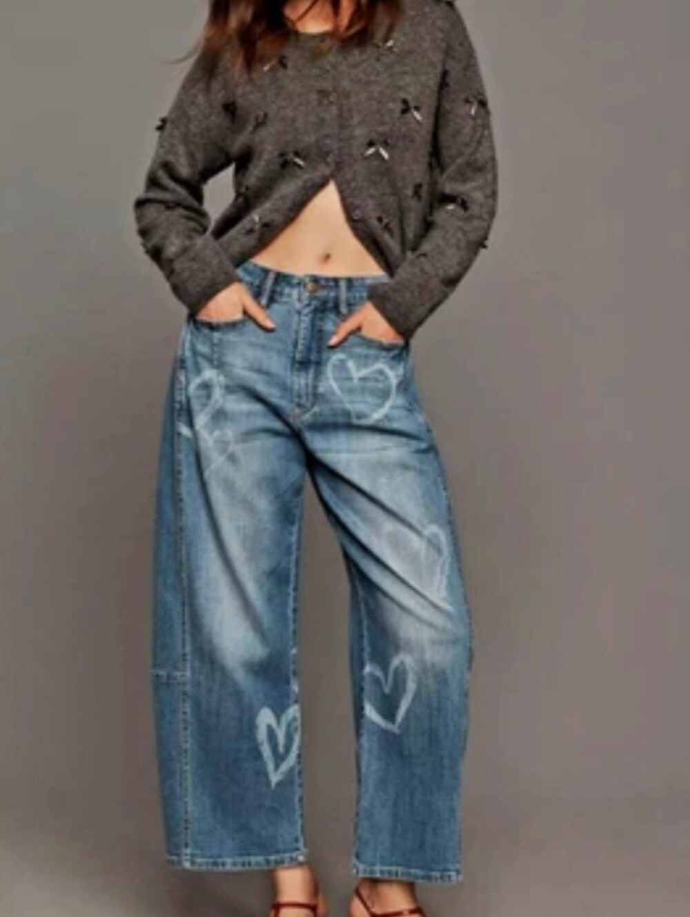 Pilcro Light Blue Wide-Leg Jeans with Heart Graphics
